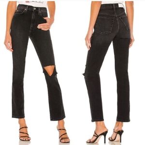 RE/DONE 70's Stove pipe highrise jeans in black noir with ripped leg size 26